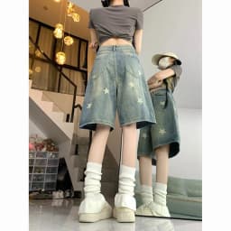 American Retro Washed Vintage Star Denim Shorts Y2k Straight Loose Wide Leg Pants 2026 New All-match Five-point Pants