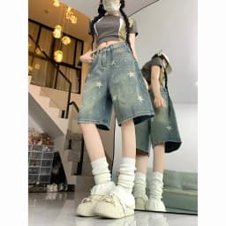 American Retro Washed Vintage Star Denim Shorts Y2k Straight Loose Wide Leg Pants 2026 New All-match Five-point Pants