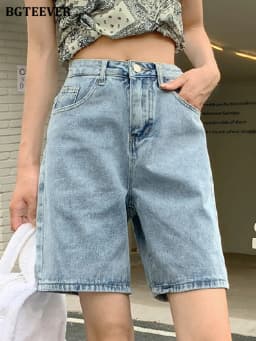 BGTEEVER Chic Straight Loose Women Jeans Shorts Summer High Waist Pockets Female Wide Leg Denim Shorts