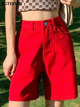 BGTEEVER Chic Straight Loose Women Jeans Shorts Summer High Waist Pockets Female Wide Leg Denim Shorts
