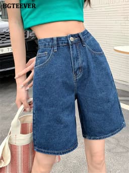 BGTEEVER Chic Straight Loose Women Jeans Shorts Summer High Waist Pockets Female Wide Leg Denim Shorts