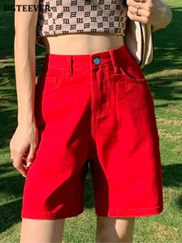BGTEEVER Chic Straight Loose Women Jeans Shorts Summer High Waist Pockets Female Wide Leg Denim Shorts