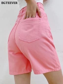 BGTEEVER Chic Straight Loose Women Jeans Shorts Summer High Waist Pockets Female Wide Leg Denim Shorts