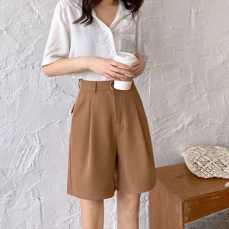 Summer High Waist Wide Leg Suit Shorts for Women 2025 Solid Color Loose Straight Office Ladies Short Pants Korean Pocket Shorts