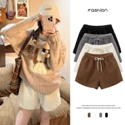 Autumn Winter Faux Lamb Wool Shorts for Women Korean Casual High Waist Wide Leg Shorts Female Warm Comfort Mini Short Pants