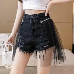 Gauze Spliced Denim Shorts Women Summer New High Waist Tassel Slim Versatile Hot Pants Fashion Niche Female Hole Shorts