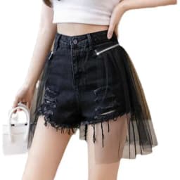 Gauze Spliced Denim Shorts Women Summer New High Waist Tassel Slim Versatile Hot Pants Fashion Niche Female Hole Shorts