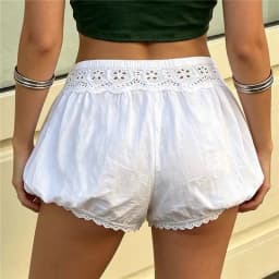 Women Eyelet Lace Bloomers Shorts Drawstring Waist Button Front Hollow Out Lace Trim Loose Puffy Y2K Casual Summer Short Pants