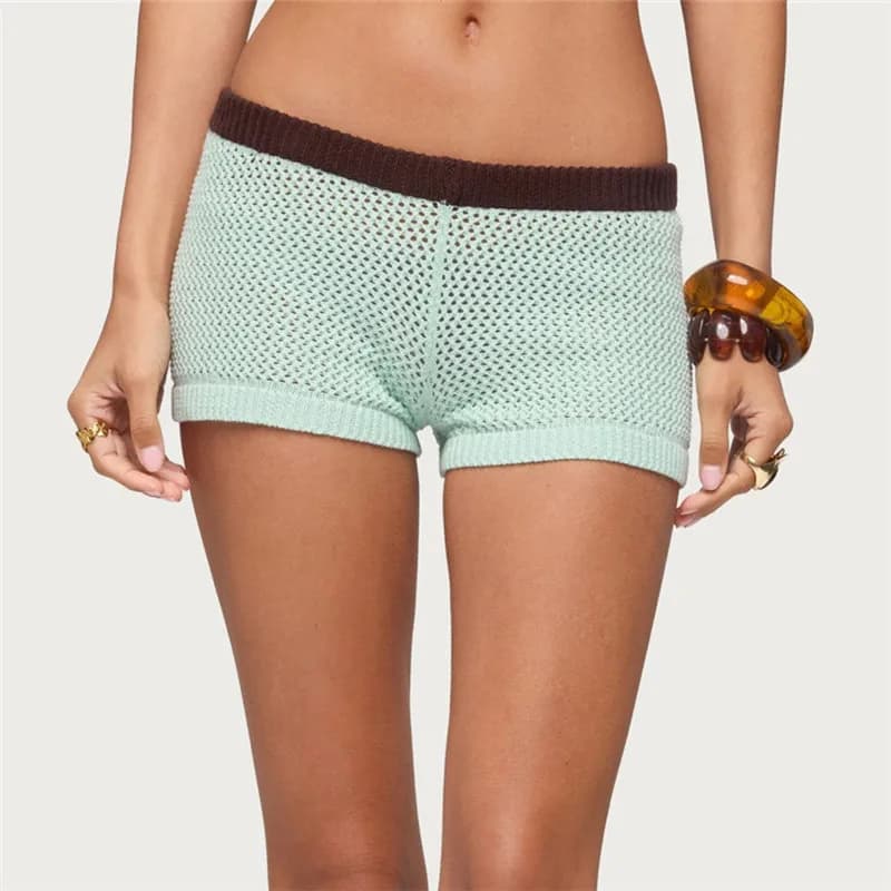 Women Hollow Out Mesh Crochet Knit Shorts Color Block Contrast Waistband Low Waist Casual Summer Beach Knitted Short Bottoms
