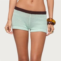 Women Hollow Out Mesh Crochet Knit Shorts Color Block Contrast Waistband Low Waist Casual Summer Beach Knitted Short Bottoms