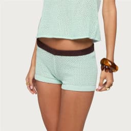 Women Hollow Out Mesh Crochet Knit Shorts Color Block Contrast Waistband Low Waist Casual Summer Beach Knitted Short Bottoms