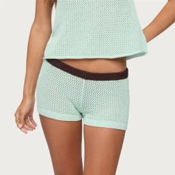 Women Hollow Out Mesh Crochet Knit Shorts Color Block Contrast Waistband Low Waist Casual Summer Beach Knitted Short Bottoms