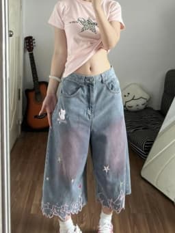 Neploe Embroidery American Vintage Cat Shorts Denim High Street Loose Slim Femme Pantalones Streetwear Personalized Wid Leg Pant