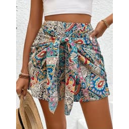 2026 Summer New Boho Paisley Print Wrap Skort High Waist Tie Front Scarf Hem Casual Beach Shorts for Woman Clothes