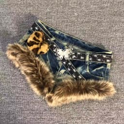American Vintage Y2k Faux Fur Patchwork Short Denim Low Waist Slimming Washed Retro Hot Girl Shorts Random Denim Summer Spring