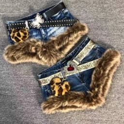 American Vintage Y2k Faux Fur Patchwork Short Denim Low Waist Slimming Washed Retro Hot Girl Shorts Random Denim Summer Spring