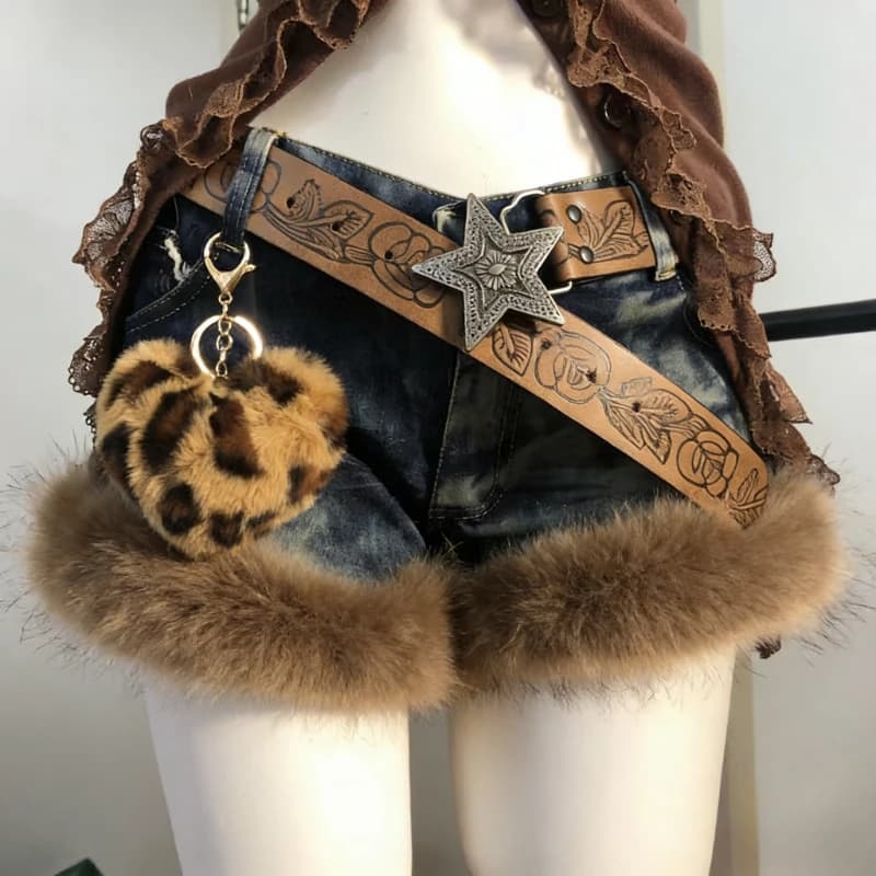 American Vintage Y2k Faux Fur Patchwork Short Denim Low Waist Slimming Washed Retro Hot Girl Shorts Random Denim Summer Spring