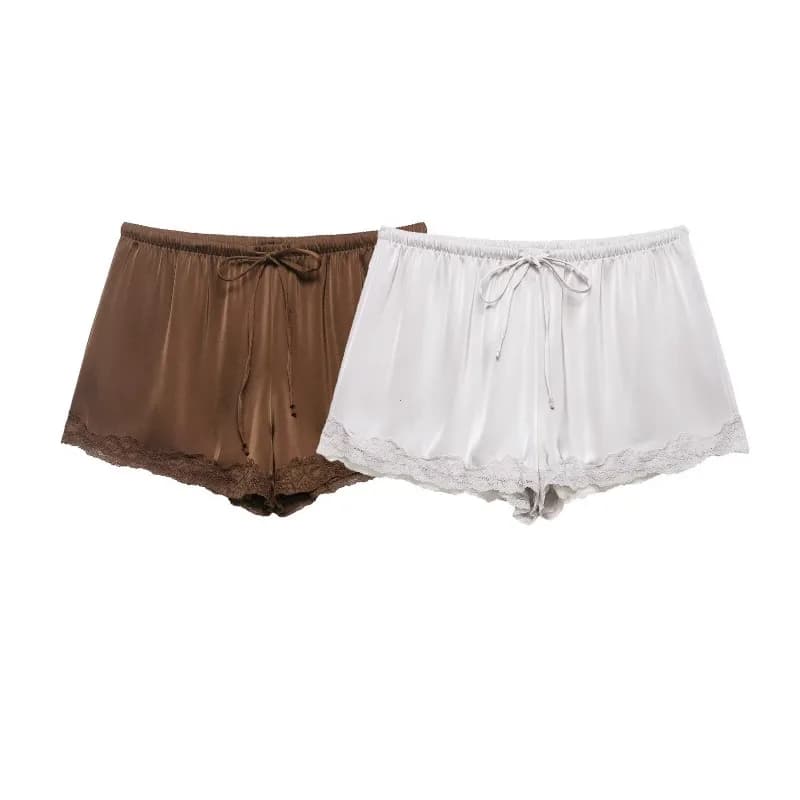 Women Solid Satin Mini Shorts, Stretchy Waist Lace Patchwork Casual Summer Shorts 2026