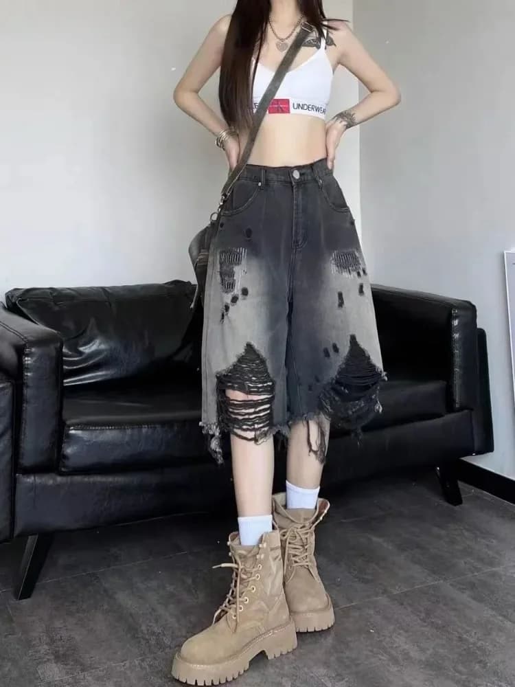 Washed Gradient Hole Denim Shorts American Street High Waist Black Jeans Women Y2k E-Girl Loose Knee-Length Wide Leg
