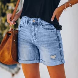 Short Jeans Women Vintage Hole Shorts Washed Distressed Pockets High Waist Streetwear 2025 Female Summer Denims Straight Pants