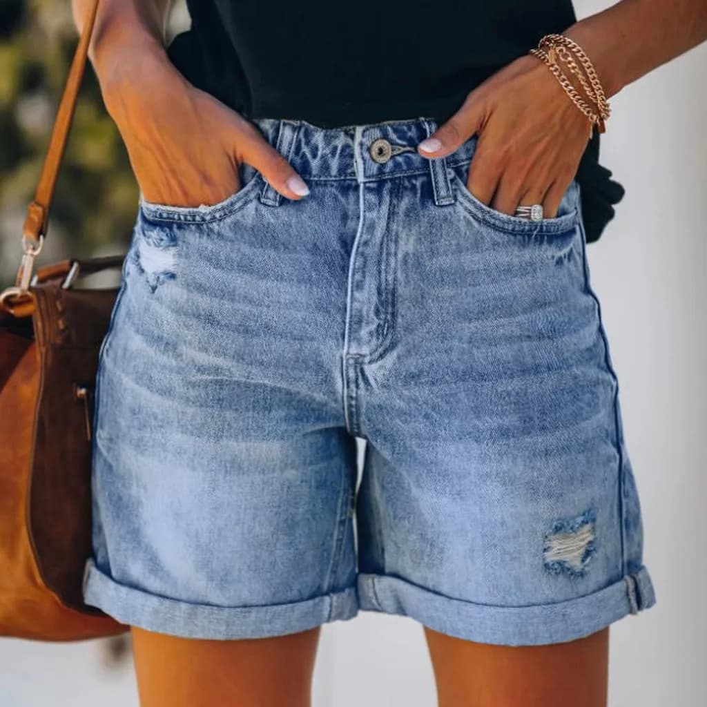 Short Jeans Women Vintage Hole Shorts Washed Distressed Pockets High Waist Streetwear 2025 Female Summer Denims Straight Pants