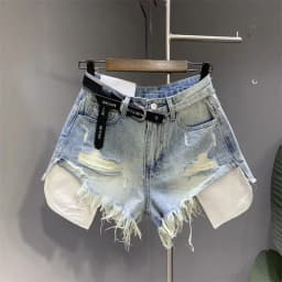 Blue Denim Shorts Women New Hole Burr A Wide-leg Hot Pants Y2k Shorts Jeans Feminino