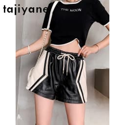 TAJIYANE Sheepskin Geunine Leather Shorts Elastic Waist Women's Shorts A Line Wide‑Leg Shorts for Woman Black Bootyshorts 반바지