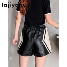 TAJIYANE Sheepskin Geunine Leather Shorts Elastic Waist Women's Shorts A Line Wide‑Leg Shorts for Woman Black Bootyshorts 반바지