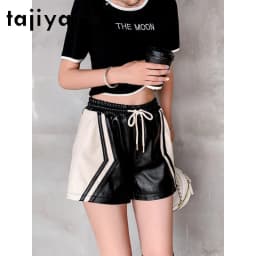 TAJIYANE Sheepskin Geunine Leather Shorts Elastic Waist Women's Shorts A Line Wide‑Leg Shorts for Woman Black Bootyshorts 반바지