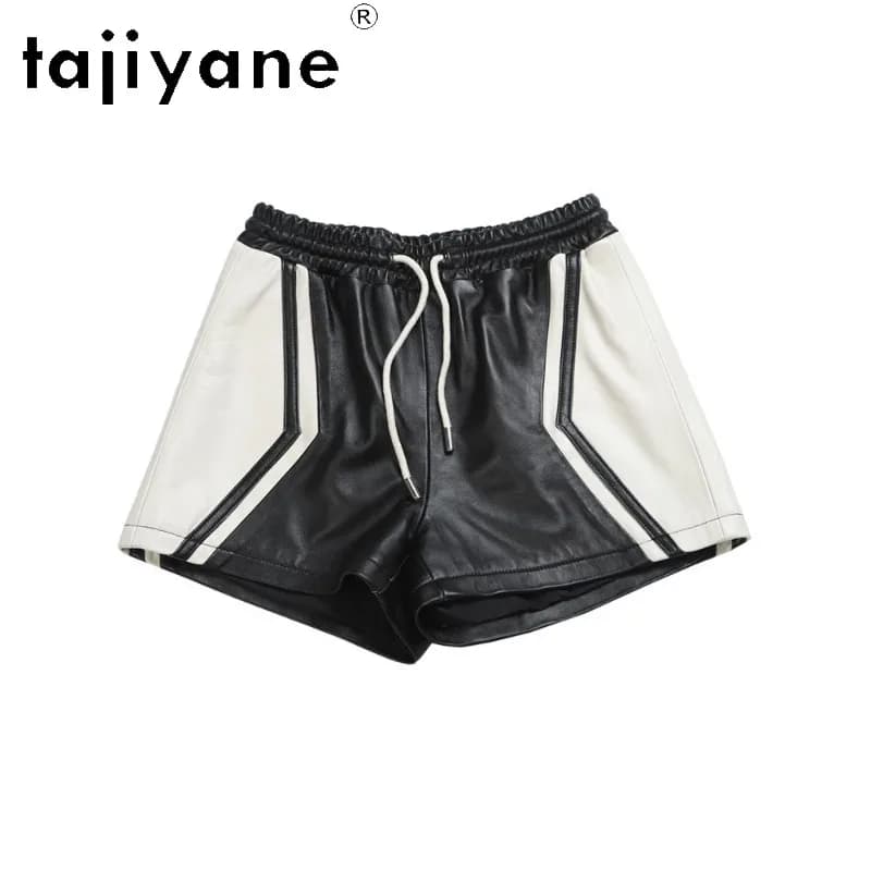 TAJIYANE Sheepskin Geunine Leather Shorts Elastic Waist Women's Shorts A Line Wide‑Leg Shorts for Woman Black Bootyshorts 반바지