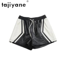 TAJIYANE Sheepskin Geunine Leather Shorts Elastic Waist Women's Shorts A Line Wide‑Leg Shorts for Woman Black Bootyshorts 반바지