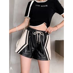 TAJIYANE Sheepskin Geunine Leather Shorts Elastic Waist Women's Shorts A Line Wide‑Leg Shorts for Woman Black Bootyshorts 반바지