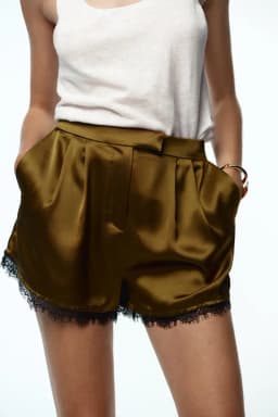 Women's High Waist Satin Shorts with Layered Lace Trim Female Solid Elastic Waistband CasualDressy Shorts with Pockets