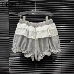 DEAT 2026 Fashion New Niche Design Lace Patchwork Bud Elastic Waist Shorts For Women Drawstring Loose Short Pants Female11A08346
