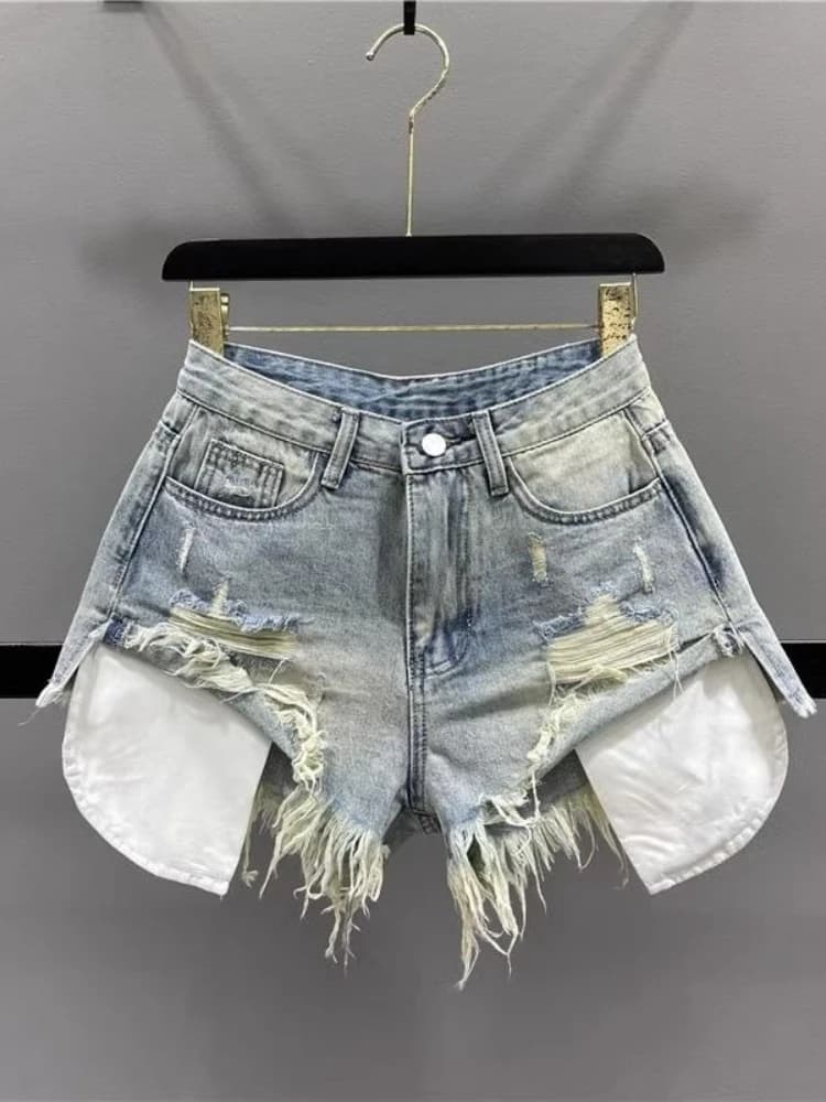 HOUZHOU Vintage Ripped Denim Shorts for Women Blue Sexy Korean Y2k Shorts Gyaru High-waisted Streetwear Short Jeans Aesthetics