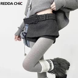 REDDACHiC Low Rise Tweed Shorts Women School Retro Gray Belt A-line Wrap Skirt Mini Skorts Grunge Cutecore Autumn Winter Bottoms