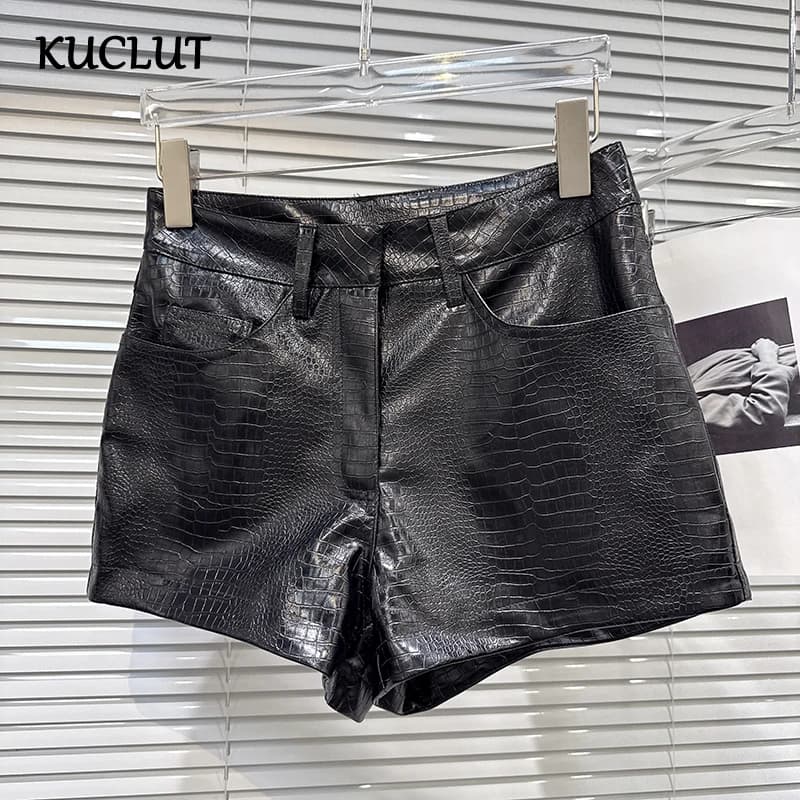 KUCLUT 2026 Autumn New Fashion Shiny Pattern PU Leather Three-Quarter Shorts For Women Solid Color Boot Pant Female Trend 1A4222