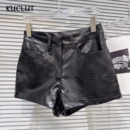KUCLUT 2026 Autumn New Fashion Shiny Pattern PU Leather Three-Quarter Shorts For Women Solid Color Boot Pant Female Trend 1A4222