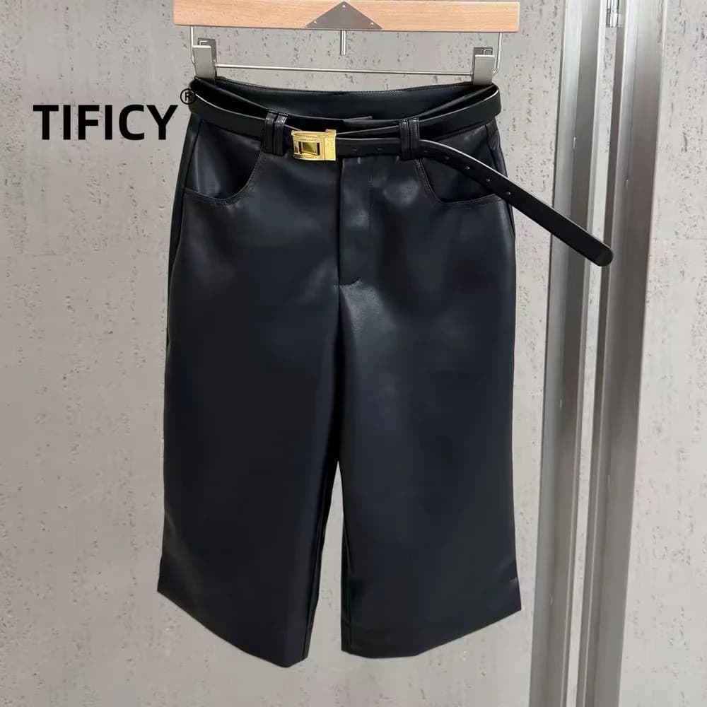 High Street Shorts Autumn Women's Ins Style Paired with Belt Design Slimming Straight Leg PU Leather Pants Retro and Casual