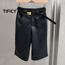 High Street Shorts Autumn Women's Ins Style Paired with Belt Design Slimming Straight Leg PU Leather Pants Retro and Casual