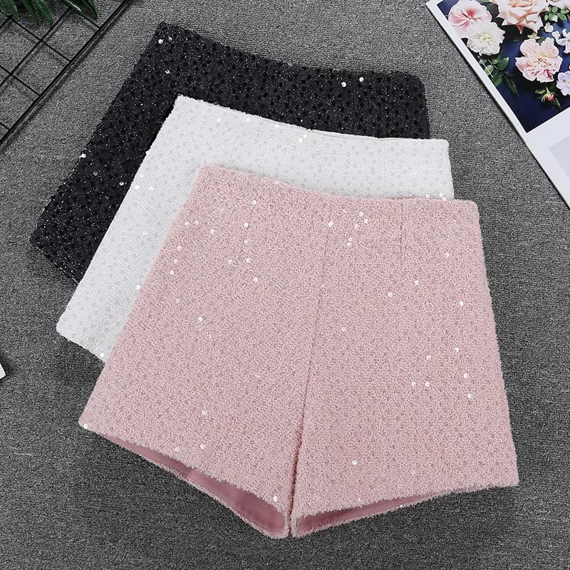 Sequin Shorts Women's Winter High Waist Wool Blend A-Line Casual Short Pants