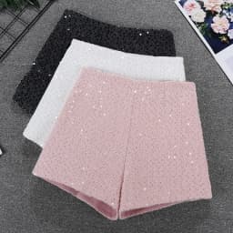 Sequin Shorts Women's Winter High Waist Wool Blend A-Line Casual Short Pants