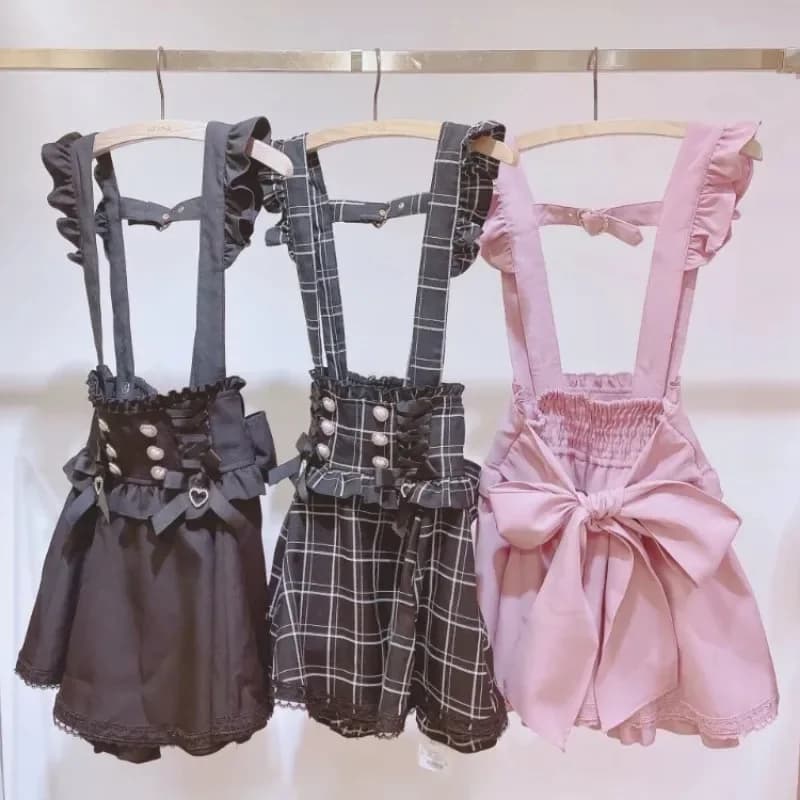 Sweet Cute Lace A-Line Mini Skirts Women Gothic Lolita Ribbon Short Suspender Plaid Skirt Summer 2025 Solid Kawaii Japanese