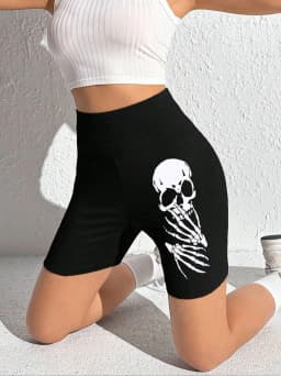 Hot Sale Of High-waist Hip Lifting Tights Solid Color Skull Printed Five Quarter Pants Fashion Printed Slim Shorts Women