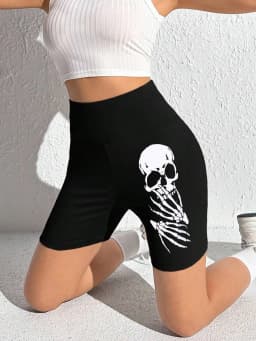 Hot Sale Of High-waist Hip Lifting Tights Solid Color Skull Printed Five Quarter Pants Fashion Printed Slim Shorts Women