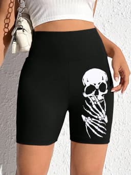 Hot Sale Of High-waist Hip Lifting Tights Solid Color Skull Printed Five Quarter Pants Fashion Printed Slim Shorts Women
