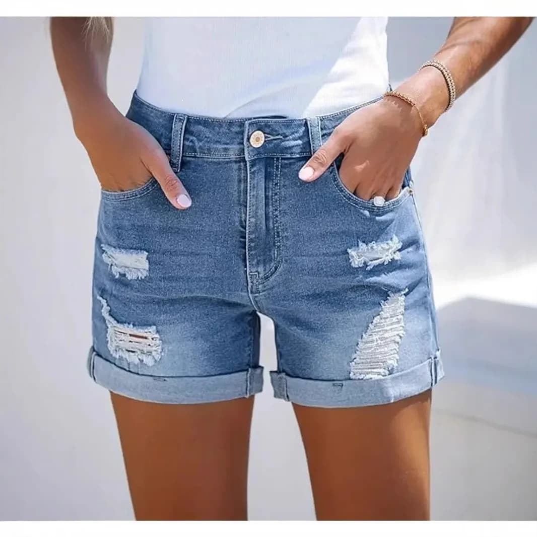Hole Shorts Women Summer Jeans Stretch High Waist Skinny Pockets Distressed Washed Straight Denims Streetwear 2025 Short Pants