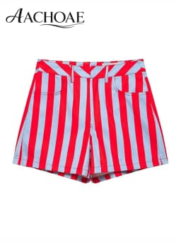 AACHOAE Women Red White Striped High Waist Shorts Summer Casual Straight Leg Shorts Vintage Beach Trendy Stripe Hot Pants