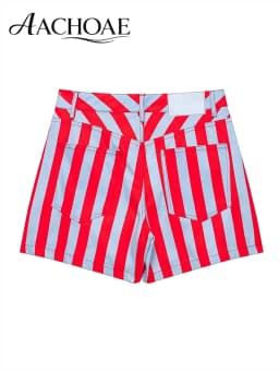 AACHOAE Women Red White Striped High Waist Shorts Summer Casual Straight Leg Shorts Vintage Beach Trendy Stripe Hot Pants