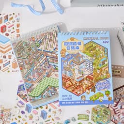 Mr.Paper 1Sticker Book+1Tweezers Set Miniature Business Town Diorama 3D Decal for DIY Scene Craft Micro Landscape Puzzle Sticker
